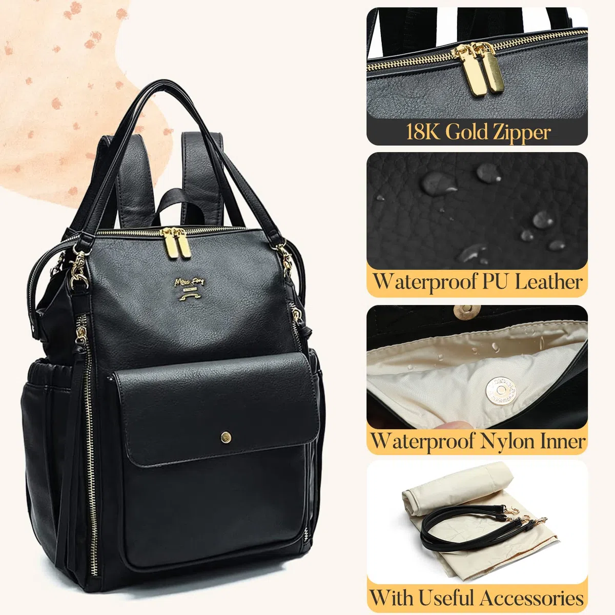 MISS FONG Baby-Wickeltasche, Rucksack, Wickelrucksack, Leder, Wickeltaschen mit Wickelunterlage, Babytaschen für Mama und Papa, mit Kinderwagengurten, isolierten Taschen