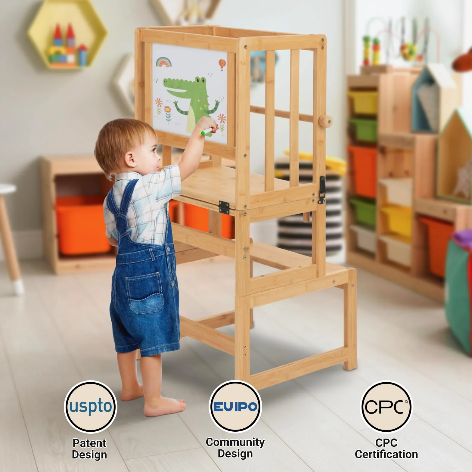 COSYLAND Montessori Lernturm ab 1 Jahr klappbar | 3 in 1 Learning Tower & Lernstuhl Kinder ab 1 Jahr | Klappbarer Montessori Lernturm mit Tafel für Küche, Tisch & Bad, Toddler Tower
