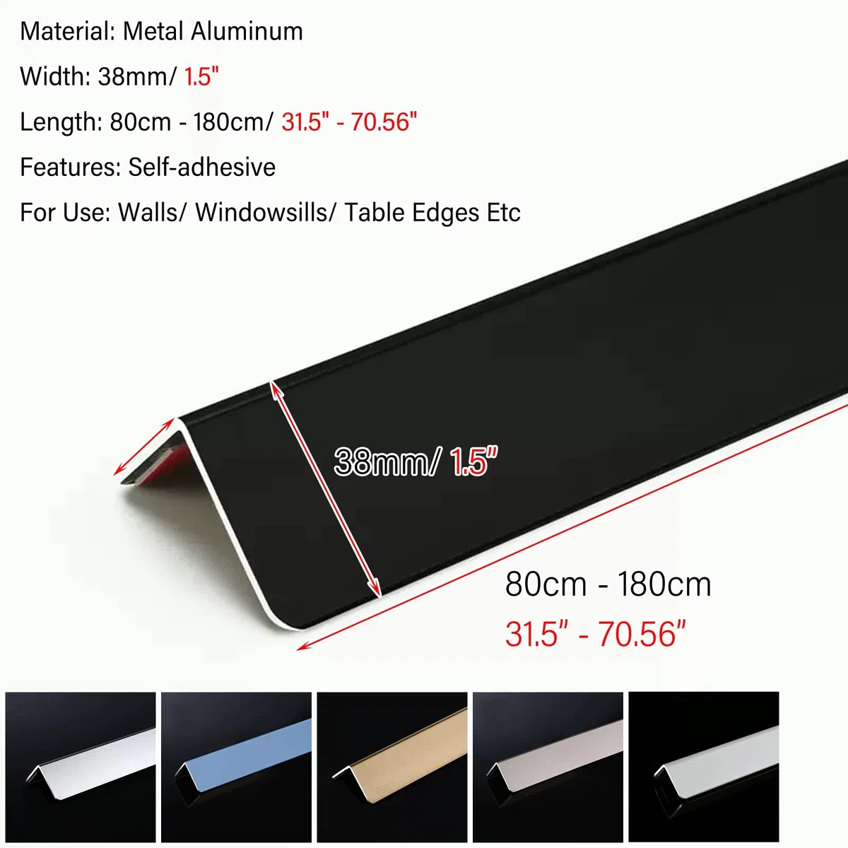 Eckenschutz, selbstklebend, Kantenschutz, Stoßstange, goldfarben, schwarz, weiß, Metallwände, Winkelschutz für scharfe Kanten, Tischmöbel, Weiß, B 38 mm, L 160 cm