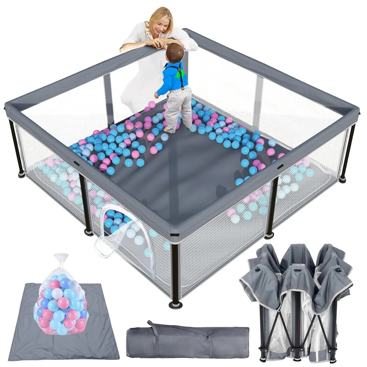 Laufstall Baby mit Matratze, Indoor & Outdoor Laufgitter Baby, Laufstall Baby Faltbar, Laufstall mit 50 Ozeanbällen (Grau, 127 * 127)