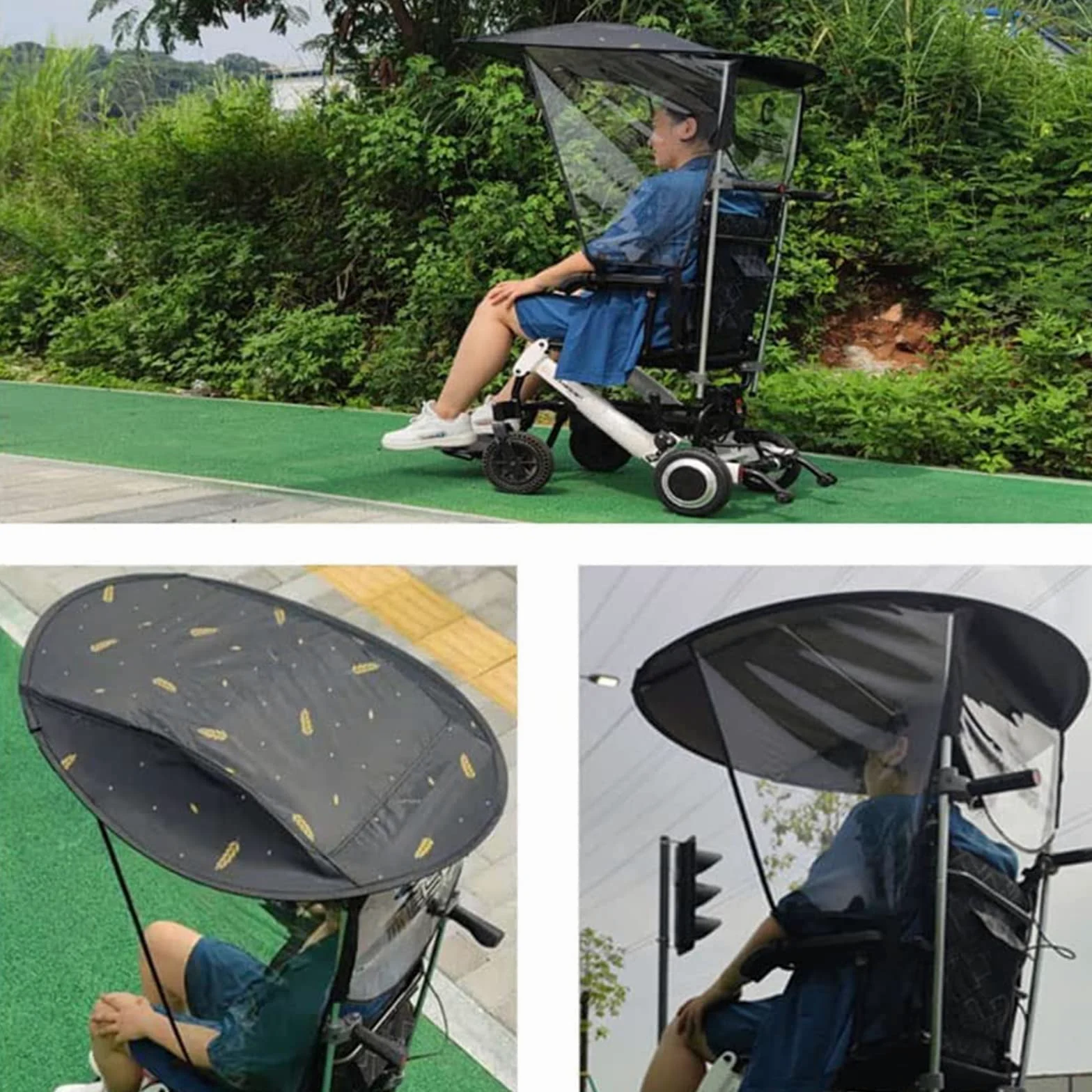 Rollstuhl-Sonnenschirm Universal Sonnenschutz Baldachin – Elektrischer Rollstuhlschirm mit UV-Schutz, Regenschutz und Klemme für die meisten Rollstühle