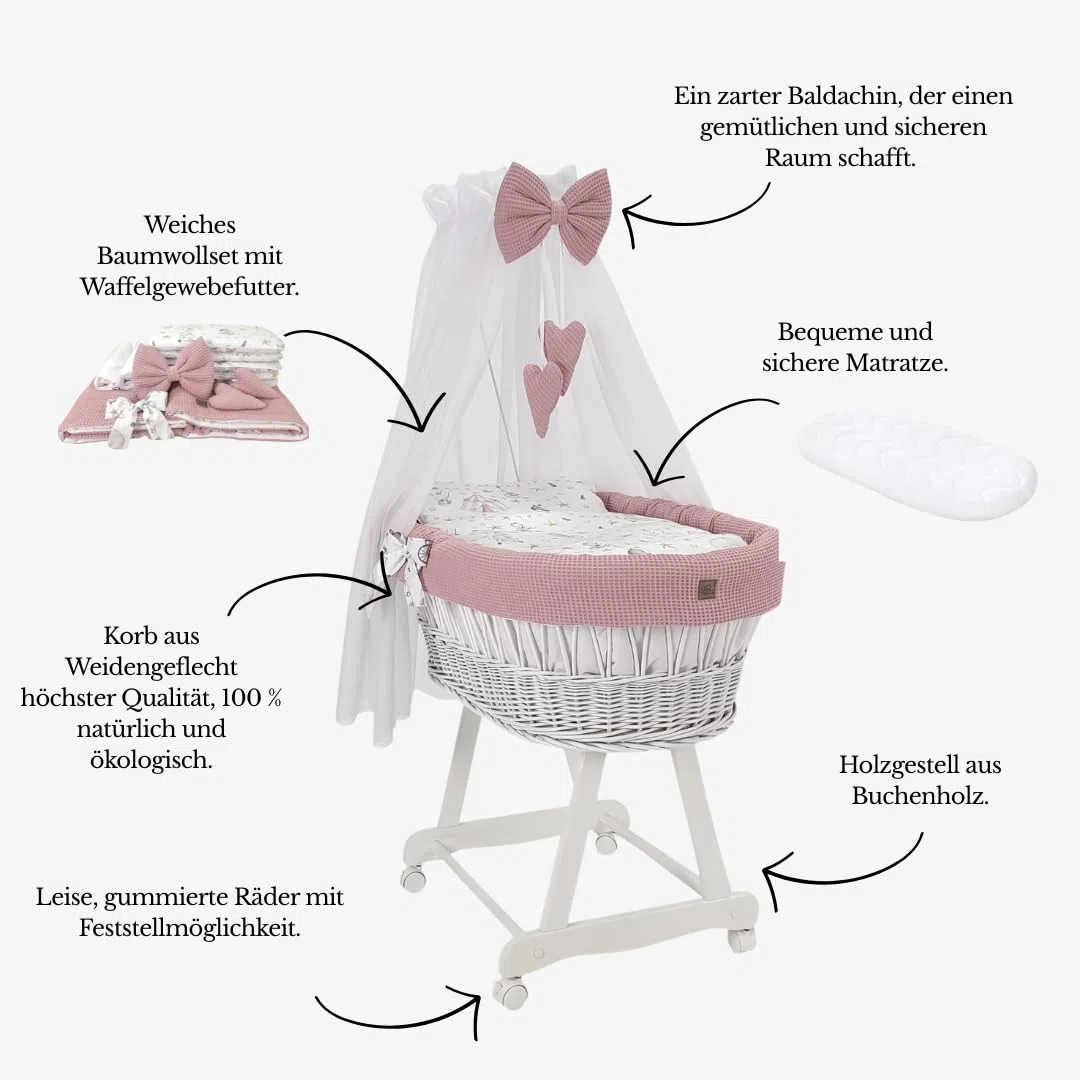 Stubenwagen Lena mit Baldachin – Babywiege mit Rollen, Matratze & Bettwäsche aus Waffelstoff mit Rosa - mit Zirkusmotiv, handgefertigt, weiß Moseskorb aus Weide
