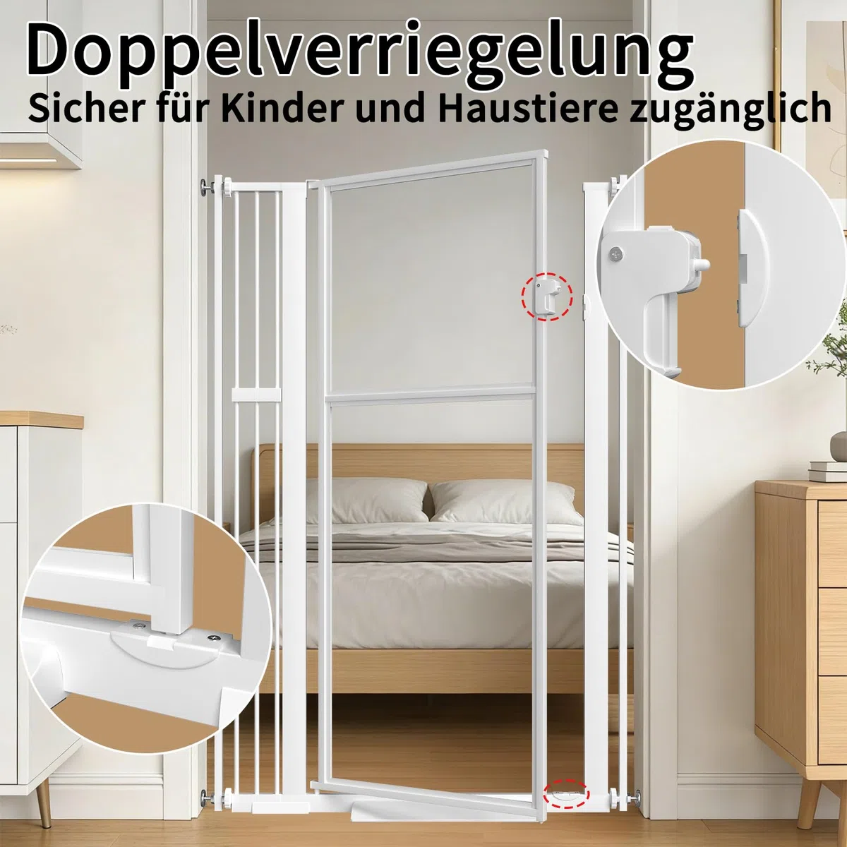 Xifamniy 142CM Türschutzgitter extra hoch，Breite 75CM-115CM Katzenschutzgitter，katzengitter tür ohne Bohren，Transparentes PC-Material, doppelter Verschlusssystem, automatische Schließung, weiß
