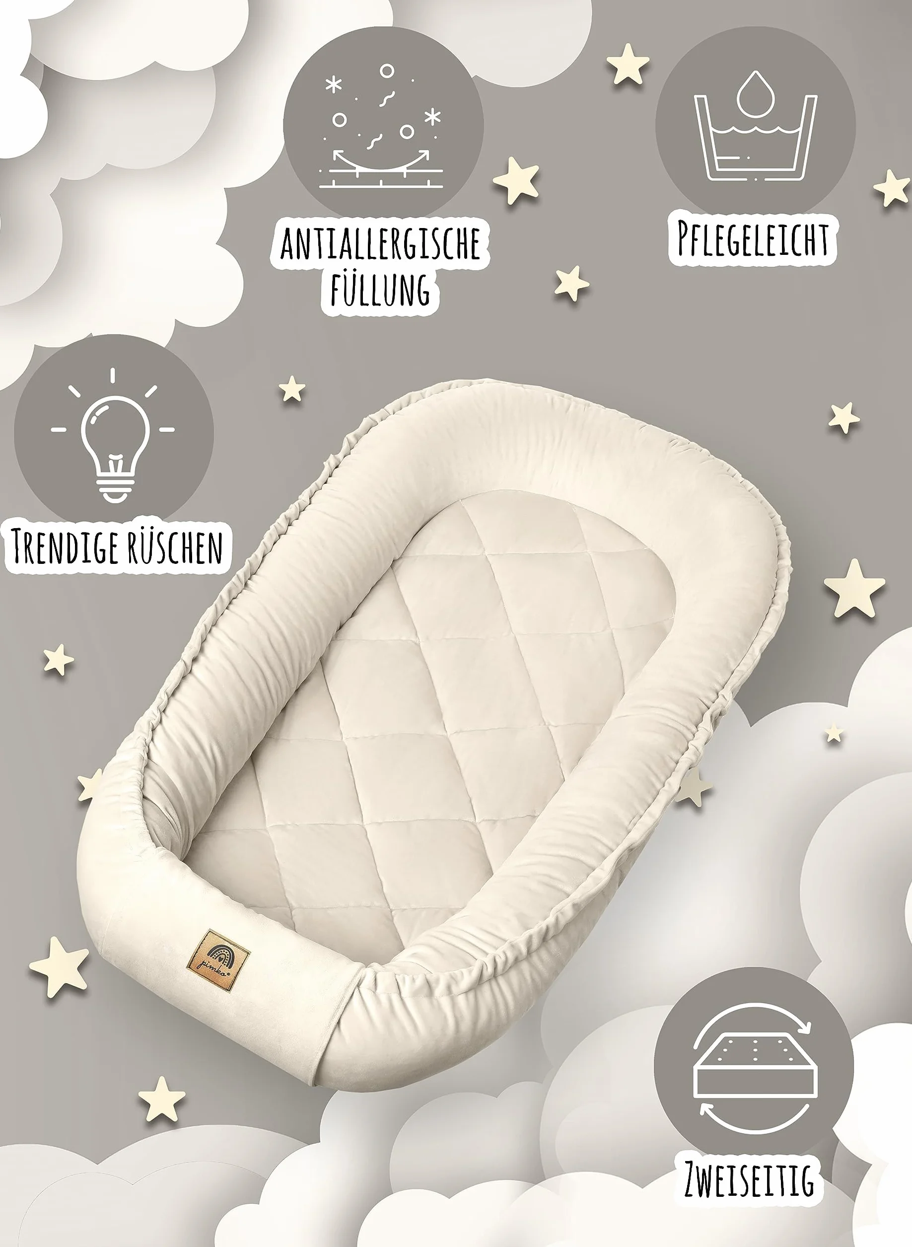 PIMKO Multifunktionale 2seitig Babynest Kuschelnest Kokon für Babys Nestchen antiallergischre Neugeborene Kokon 55 x 90cm Velvet - Beige mit Klappe