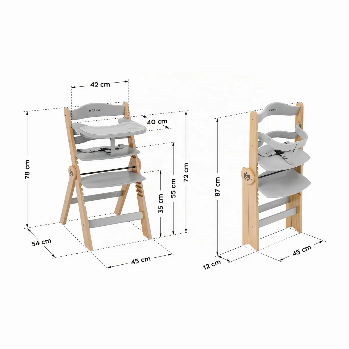 Tulano Morsel 45 Babyhochstuhl 4in1 aus Holz - Klappbar & mitwachsend | 3-Punkt-Gurt - Schutzbügel - Essbrett spülmaschinenfest - Rutschfeste Füße - 6 Monate bis 12 Jahre - Bis 40 kg - Grau