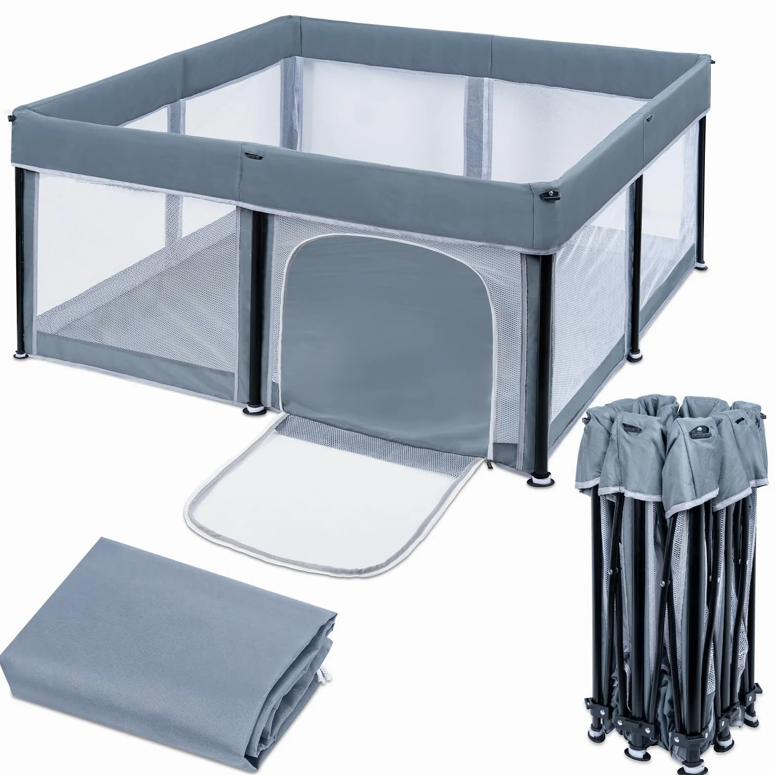 OUUTMEE Laufstall Baby Laufgitter 127 x 127 cm Faltbarer Baby-Spielzaun, 150D Oxford Indoor- und Outdoor-Spielzaun mit Aufbewahrungstasche, Playpen (Dunkelgrau)