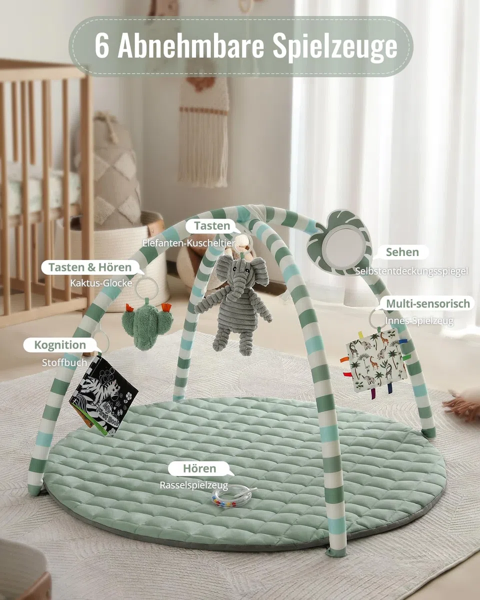 Blissful Diary Spielbogen Baby, Spieldecke Baby Gym Activity Decke mit 6 Abnehmbare Spielzeuge, krabbeldecke Einfach zu Installieren und zu Reinigen, Unverzichtbare Babygeschenke, Salbeigrün