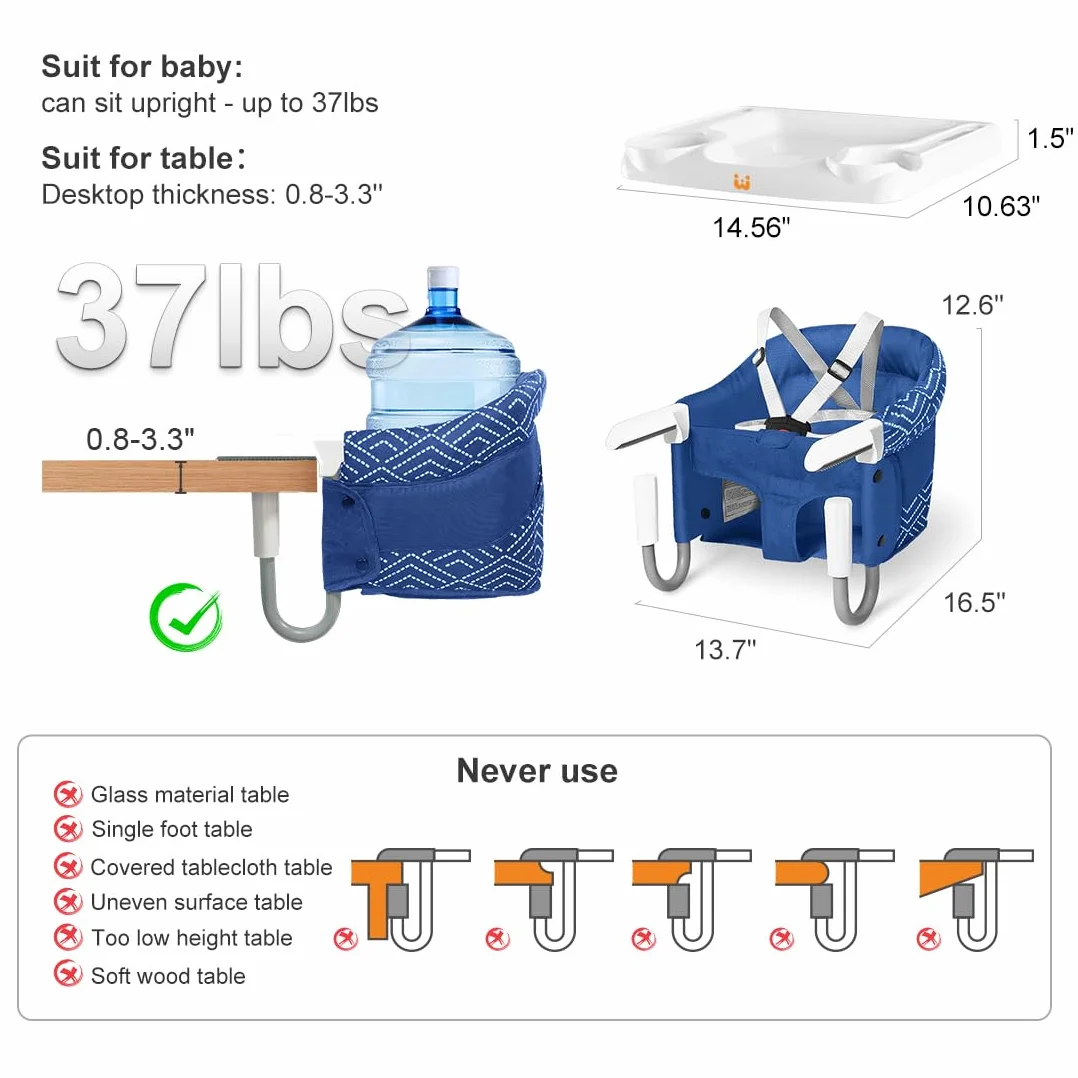 MTWML Tischsitz Baby mit Abnehmbarem Tablett, Tragbarer Hochstuhl zum Anklippen für Babys Kleinkinder, Faltbarer Reisehochstuhl mit 5-Punkt-Gurt, Tragetasche für Esstisch Unterwegs(Streifen-Blau)
