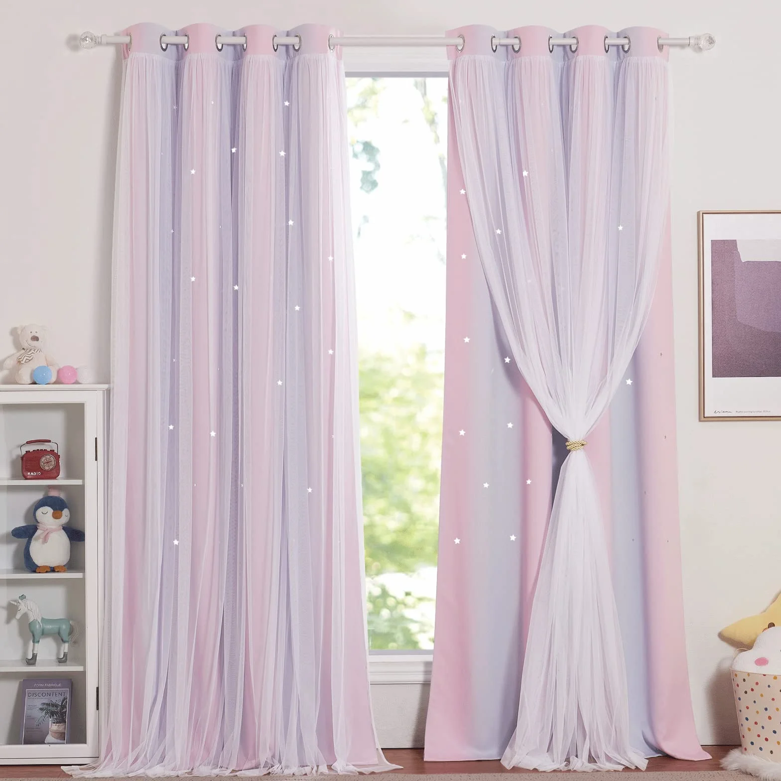 NICETOWN Gardinen Kinderzimmer Mädchen 2 Stücke Verdunklungsvorhänge Dekoration Sternevorhänge mit Voile Curtains Ösenvorhang H 240 x B 132 cm, Pink+Lila