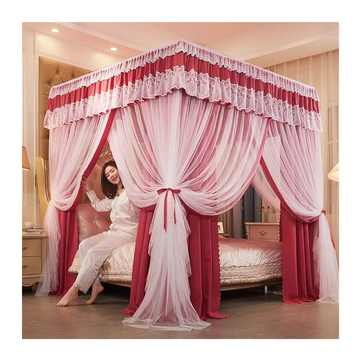Betthimmel-Schlafzimmer-Moskitonetz, Dekoration für Mädchenschlafzimmer, raumhohe Bettvorhänge, Betthimmel mit 4-Stangen-Stütze