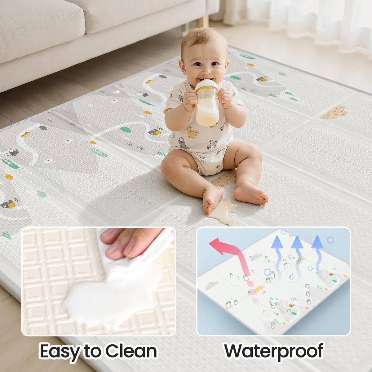 Laufstall Baby mit Matratze 150x150cm - Laufgitter Baby mit Faltbar Krabbelmatte und 4 Griffen, Playpen mit Spielmatte