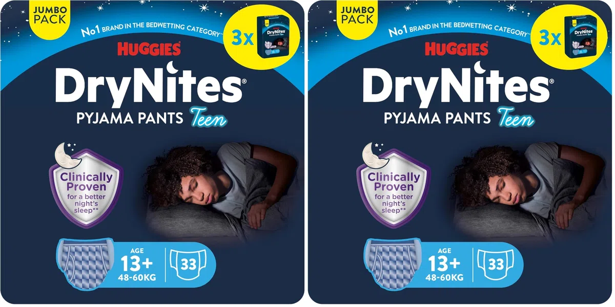 Huggies DryNites Nachtwindeln bei Bettnässen, für Jungen ab 13 bis ca. 17 Jahre (48-60 KG), 33 Stück (3x11), Jumbo-Monatspack, Windel-Pants XL (Packung mit 2)
