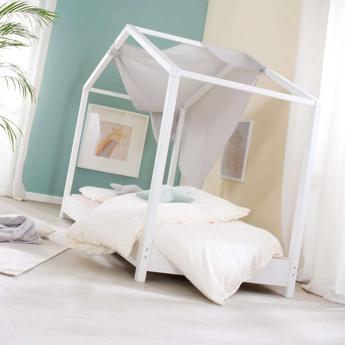 roba Hausbett 70 x 140 cm - Bodenbett für Kinder nach Montessori Prinzip - Erweiterbar durch Lattenrost, Matratze und Hausbettbezug - Holz weiß lackiert
