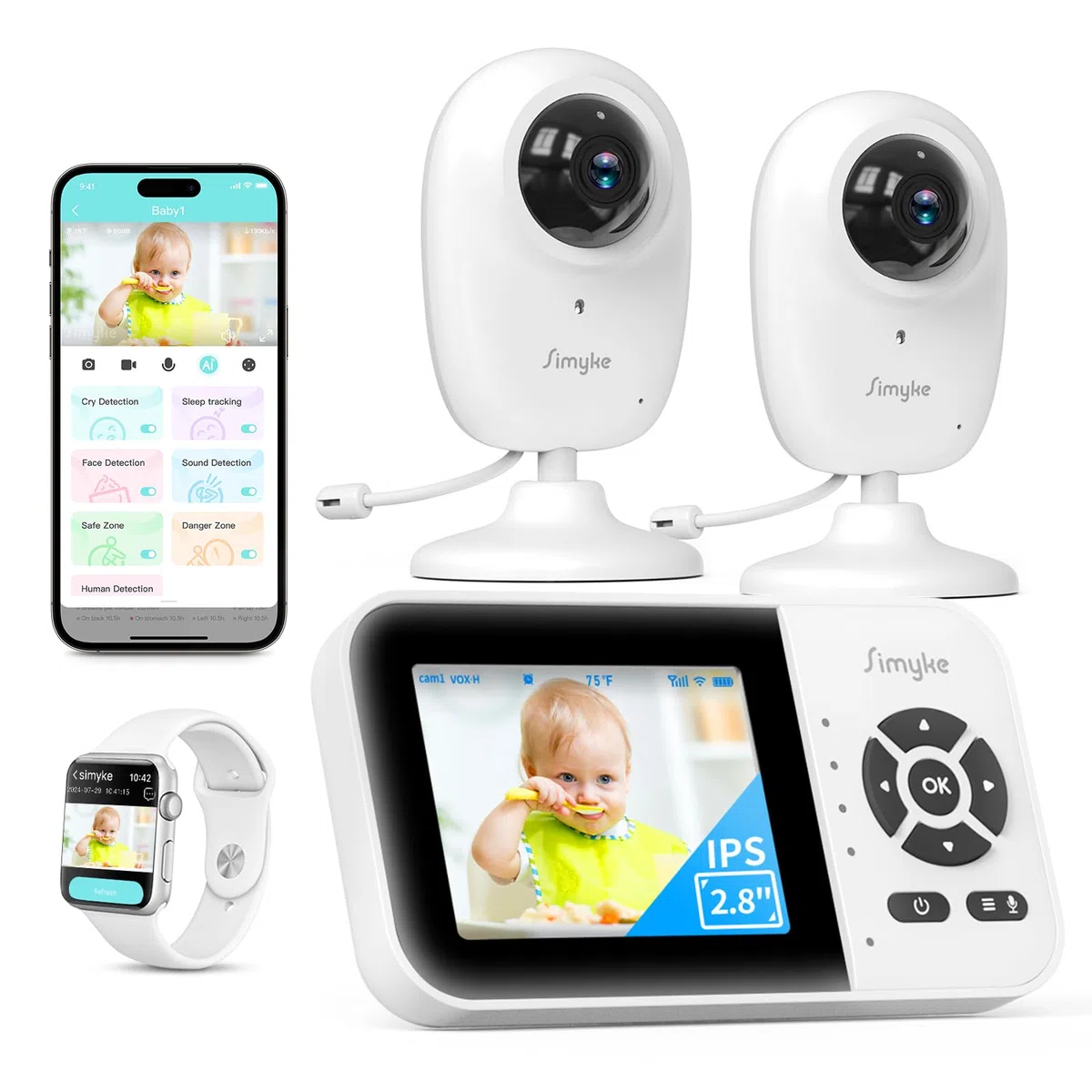 Simyke Smart BabyMonitor 1080p with 2 Camera, WLAN On/Off Schalter, WiFi Remote Access, 1500ft Long Range, 2-Way Talk, Sound Alert, Temperatursensor, Lullabies Fütterung