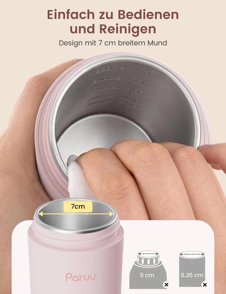 Paruu Tragbarer Flaschenwärmer Baby Unterwegs, Schnellaufheizen in 2 Min, Leicht zu Reinigende Weite Öffnung, 7-Stufige Temperaturregelung, 30W-Schnellladung, 350ml Kapazität, Rosa