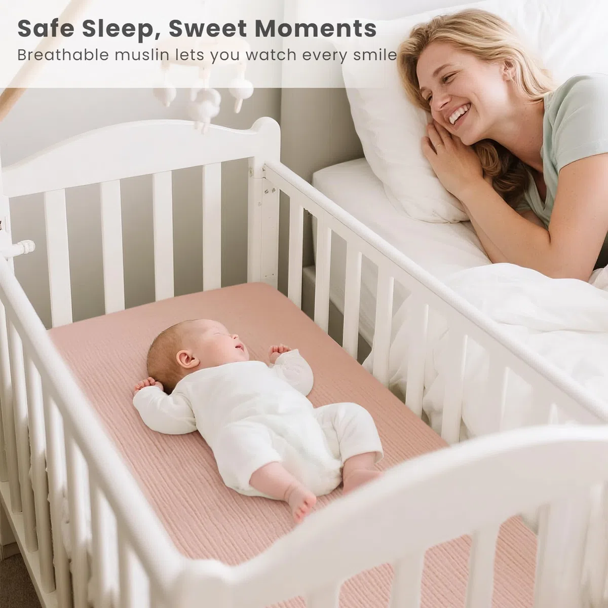 Konssy 2er-Pack Musselin Korbbezug für Baby Mädchen Jungen, 83 cm x 53 cm | 100% Baumwolle, weiche Körbchenbettchen, geeignet für Babyfreude, Traum auf mich, rechteckige Bettmatratzen (rosa, creme)
