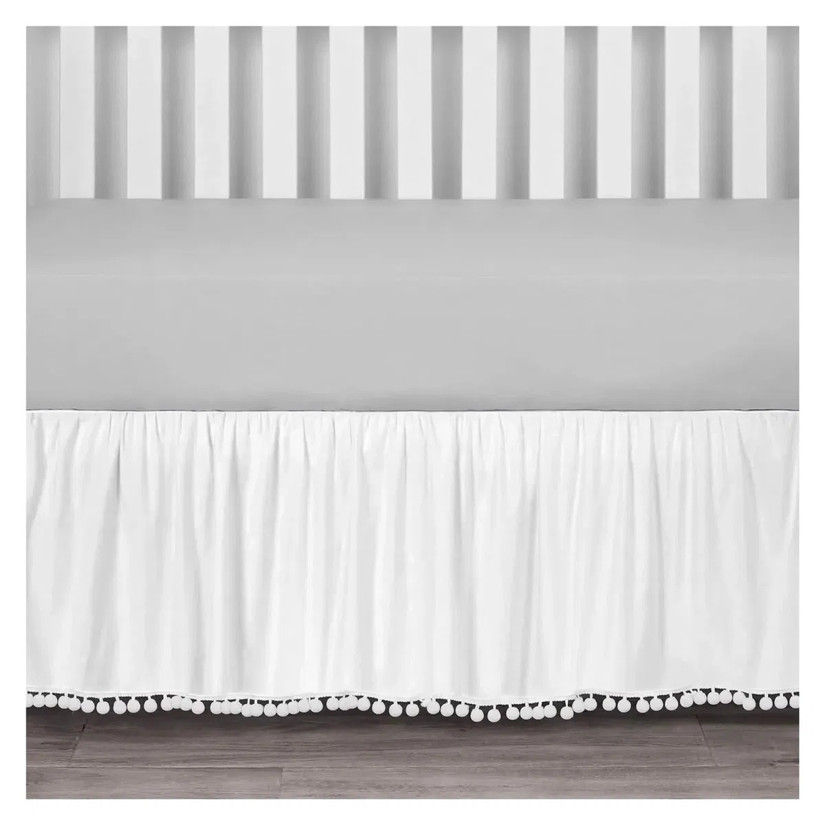 Kinderbett-Rock Krippenrock mit Pompons, 4 Seiten, elastisch, 14 Zoll Höhe(White,70x 140 x 36 cm)