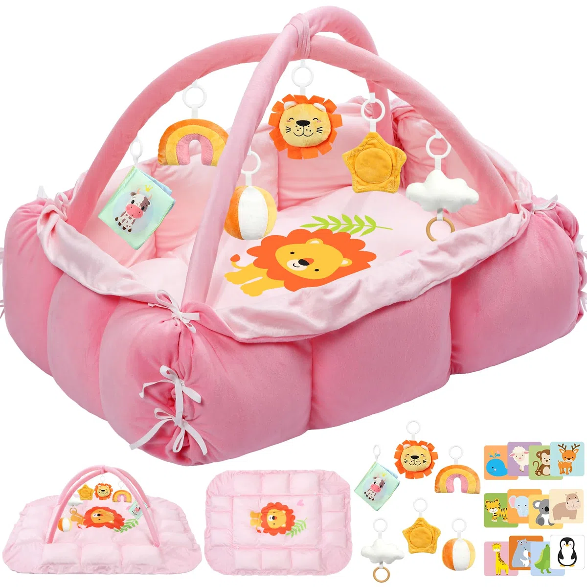 5-in-1 Bauchzeitmatte Baby Activity Gym mit Cartoon-Muster, extra dicke Plüsch-Spielbodenmatte, mit hängenden Spielzeugen, sensorischer Entwicklungs-Fitness-Studio & schönes Geschenk für Neugeborene