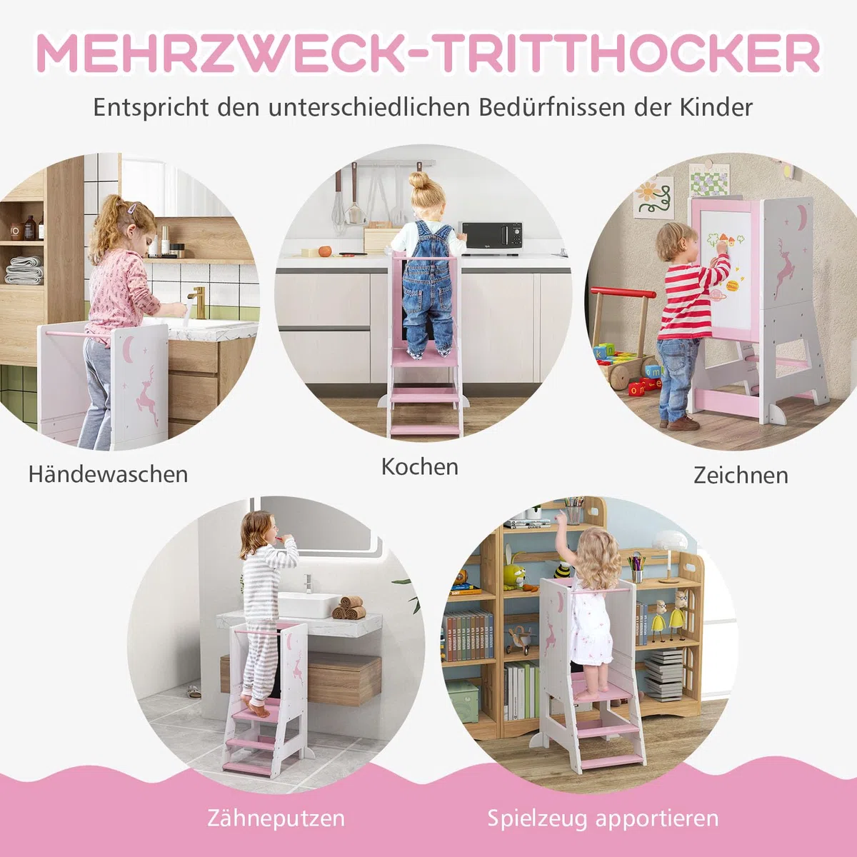 GOPLUS Lernturm Kinder, Mehrzweck-Tritthocker aus Holz mit 3 verstellbare Höhen, Lernstuhl Baby mit Whiteboard, Tafel, 3 Stiften, für Kinder ab 1 Jahren, 37 x 50 x 87 cm (Rosa)