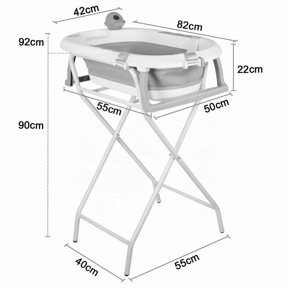 Faltbare Babybadewanne mit Standfuß – Große Badewanne XL mit Ständer/Sitz und Drainage-Set – Babywanne von Geburt bis 3 Jahre – Babygeschenk – (Stil 5) 81,5 x 48 x 21 cm – Grau