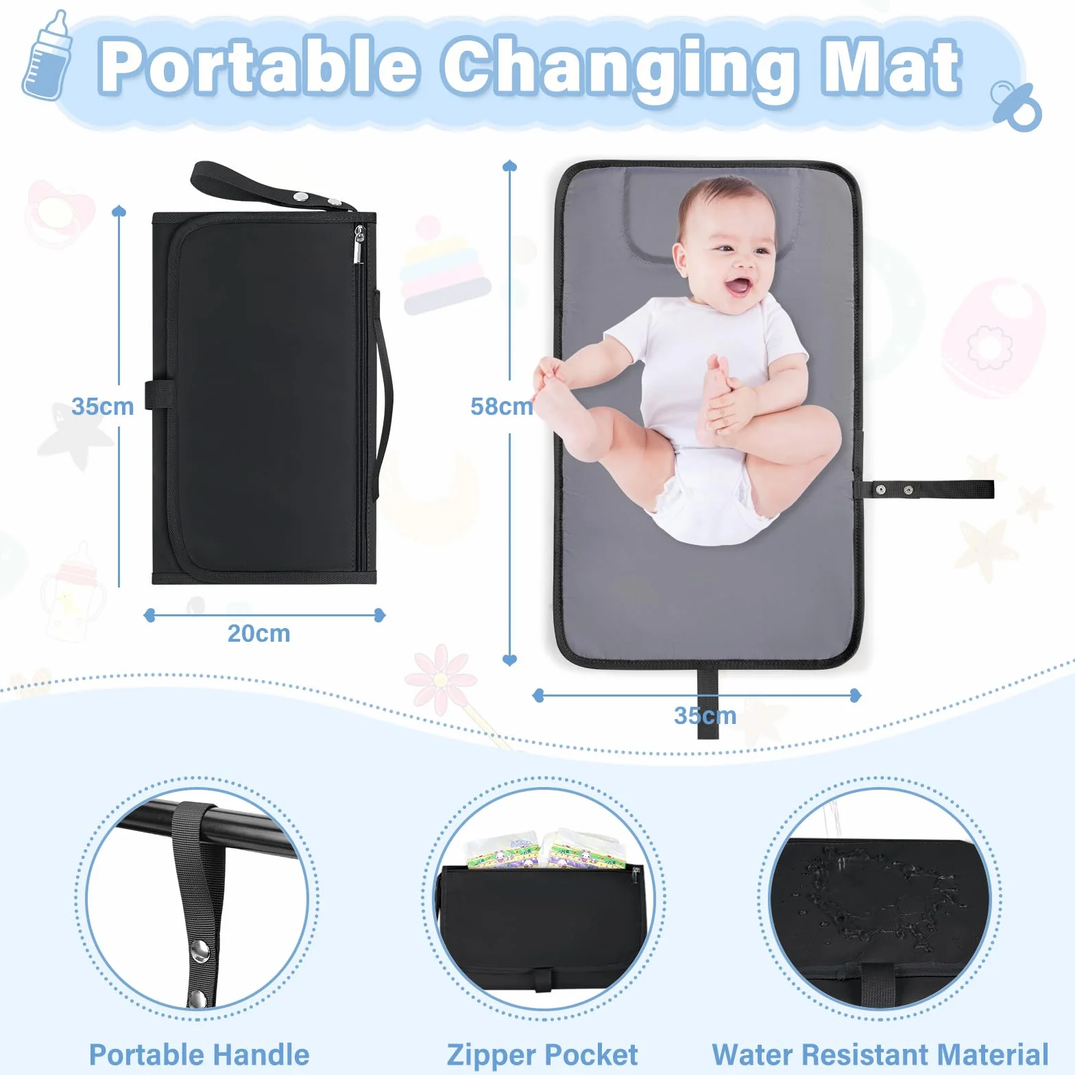 RAINSMORE Baby Wickelrucksack Groß mit Mobiler Wickelauflage Multifunktions Wickeltasche Kinderwagen Rucksack Wasserabweisend Babytasche Diaper Bag für Mama und Papa Schwarz