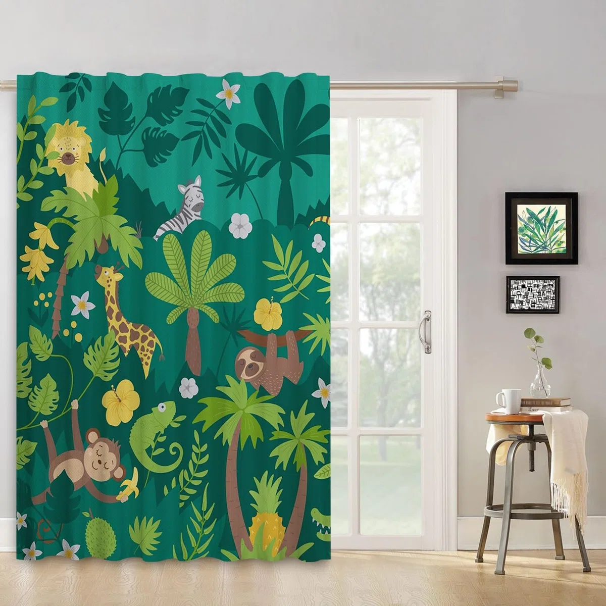 Dschungel-Safari-Vorhänge mit Bleistiftfalten Tiere Wald Tropisch Bunter Cartoon-Zoo Fenstervorhang für Kinderzimmer Spielzimmer Türvorhang innen Schlaufe hinten 135x245 cm 1 Stück