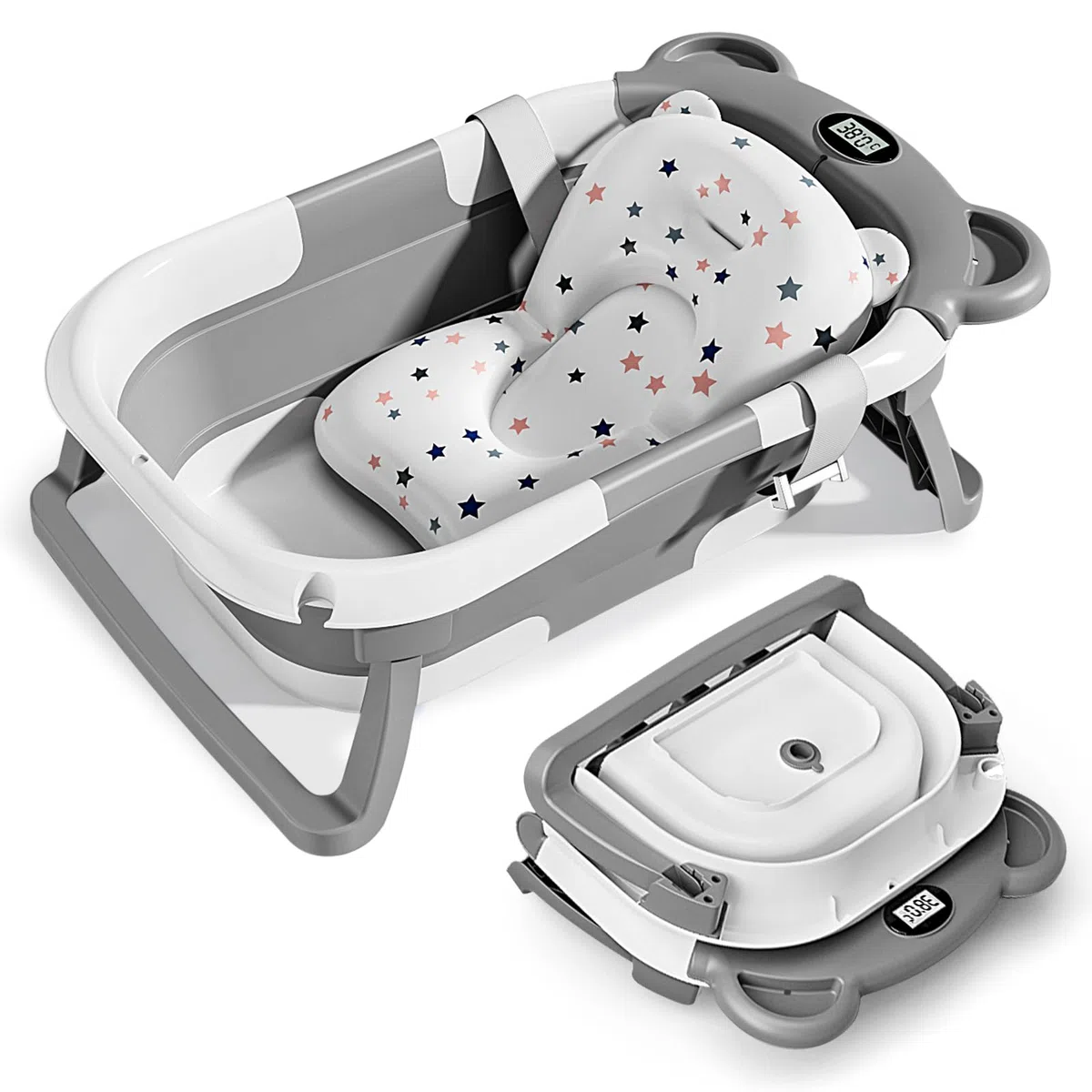 Highbird Baby Badewanne, Faltbare Babywanne mit Stützkissen für Neugeborene & Kleinkinder, Platzsparender, Tragbarer Baby-Badewanne, Komfortabel, Sicher & Robust, Panda-Design (Grau)