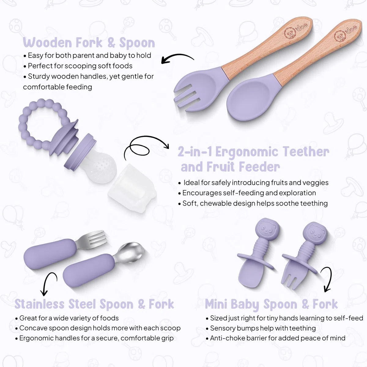 O'doe 17-teilig Baby LED-Entwöhnungszubehör für Kleinkinder, Babyfütterungsset | Saugnapf-Silikon-Babyschale, selbstverzehrende Utensilien mit Löffeln, Tassen, Lätzchen, Essteller-Set mit | Lila, V2
