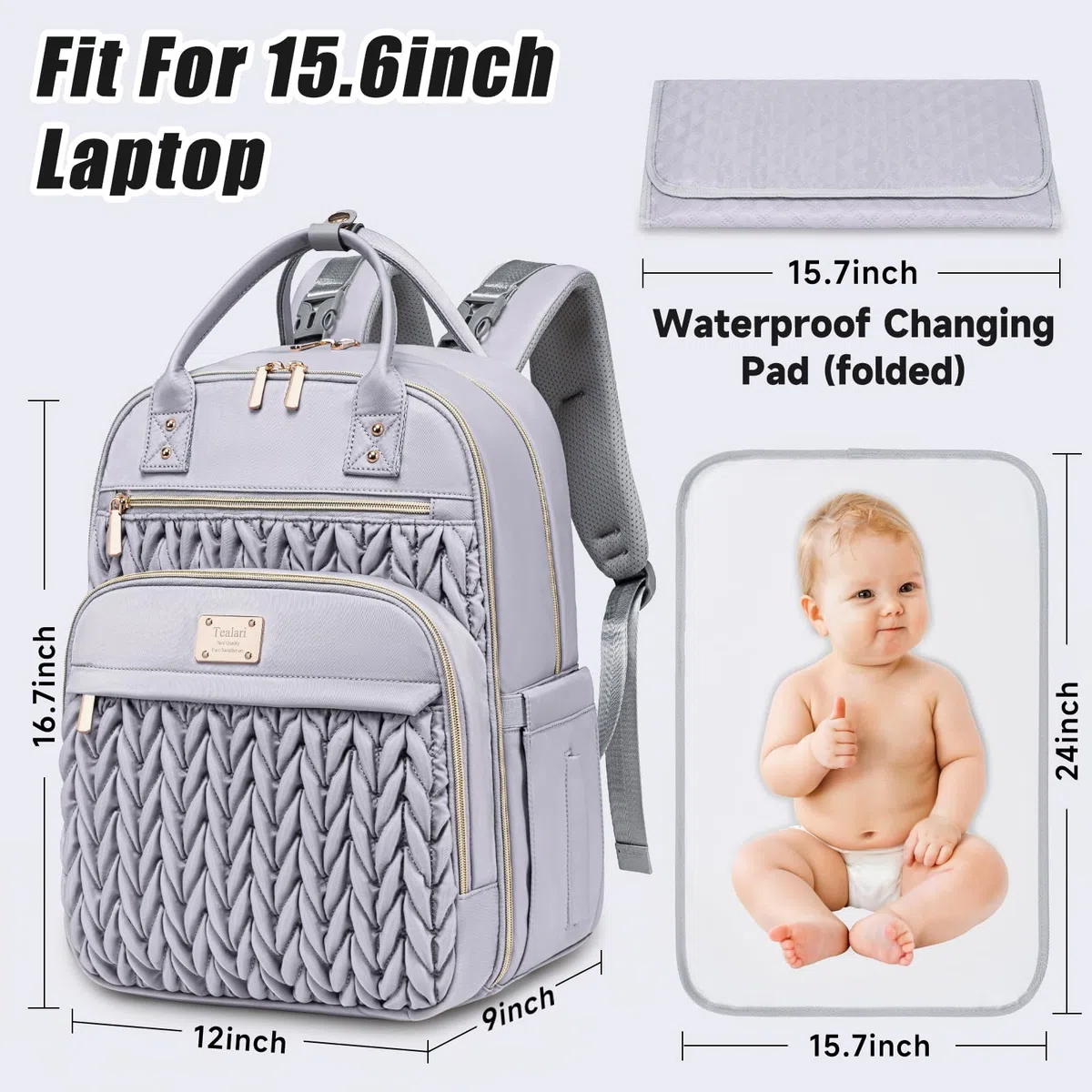 Tealari Wickeltaschen-Rucksack, stilvolle Baby-Wickeltasche, wasserdichter Reise-Wickelrucksack mit Wickelunterlage, Kinderwagengurten