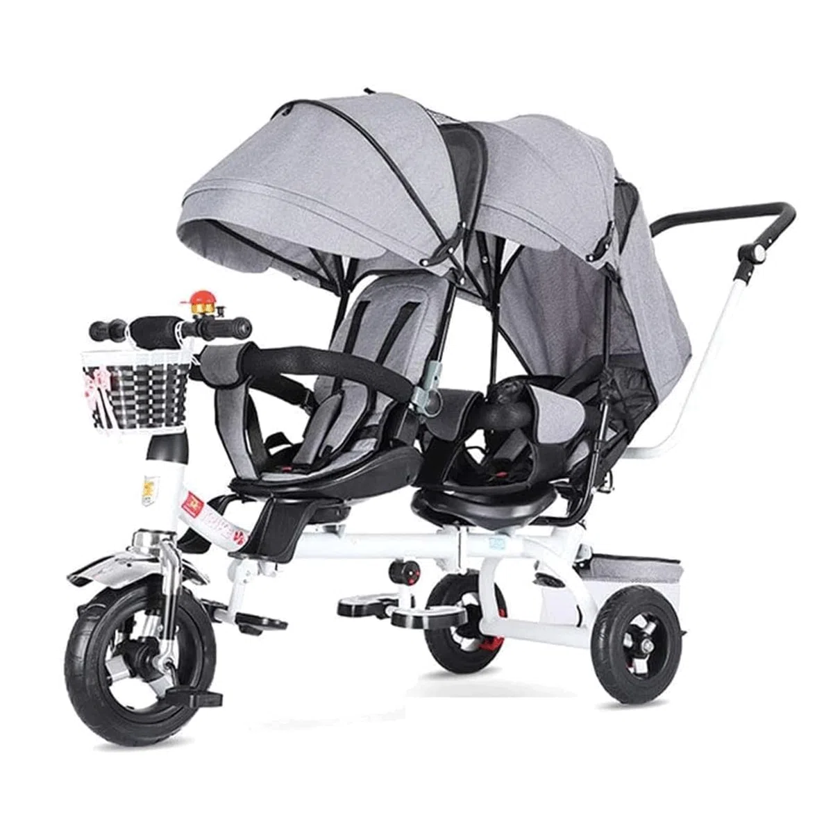 Geschwisterwagen Tragbarer Zwillings-Dreirad-Doppelkinderwagen mit Kohlenstoffstahlrahmen und Baldachin. Doppelter Kinderwagen, Leichter Kinderwagen protable