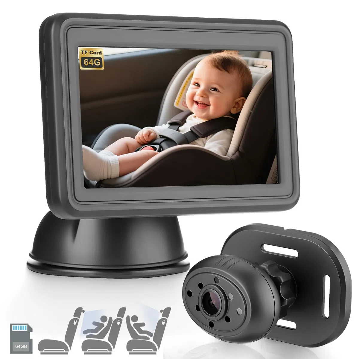 GEARMONSTER Baby Auto Kamera HD 1080P, 4,3'' Rücksitzkamera mit Monitor, 64GB TF Karte, USB Plug-and-Play, Autospiegelkamera Nachtsicht Auto Spiegel Display klare Sicht für den Rücksitz