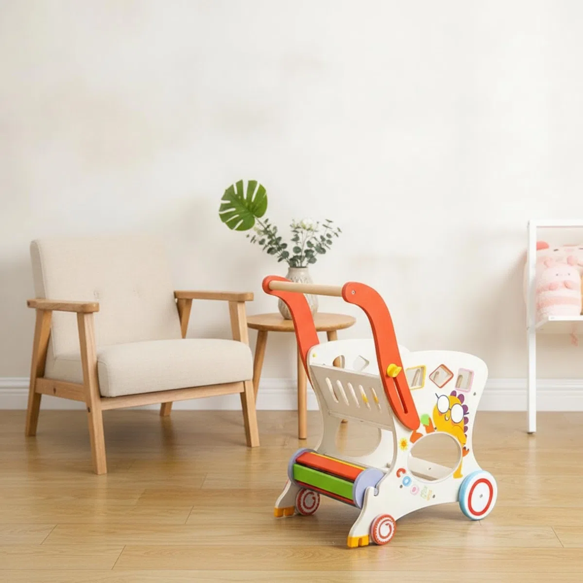 Colcolo Kinder Lauflernwagen Laufhilfe Babywagen Spielwagen Holz Kinderwagen mit Stabilem Rahmen Und Schiebekorb Fördert Frühes Gehen Und Fantasiespiele für Kleinkinder Drinnen Spielzimmer Geschenk