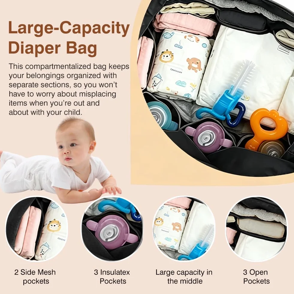 FARYODI Baby Wickeltaschen, Multifunktionale Wickeltasche für Mütter, Große Windeltasche mit verstellbarem Schultergurt, separatem Schnullerfach, für Unterwegs, Reisen & Strand