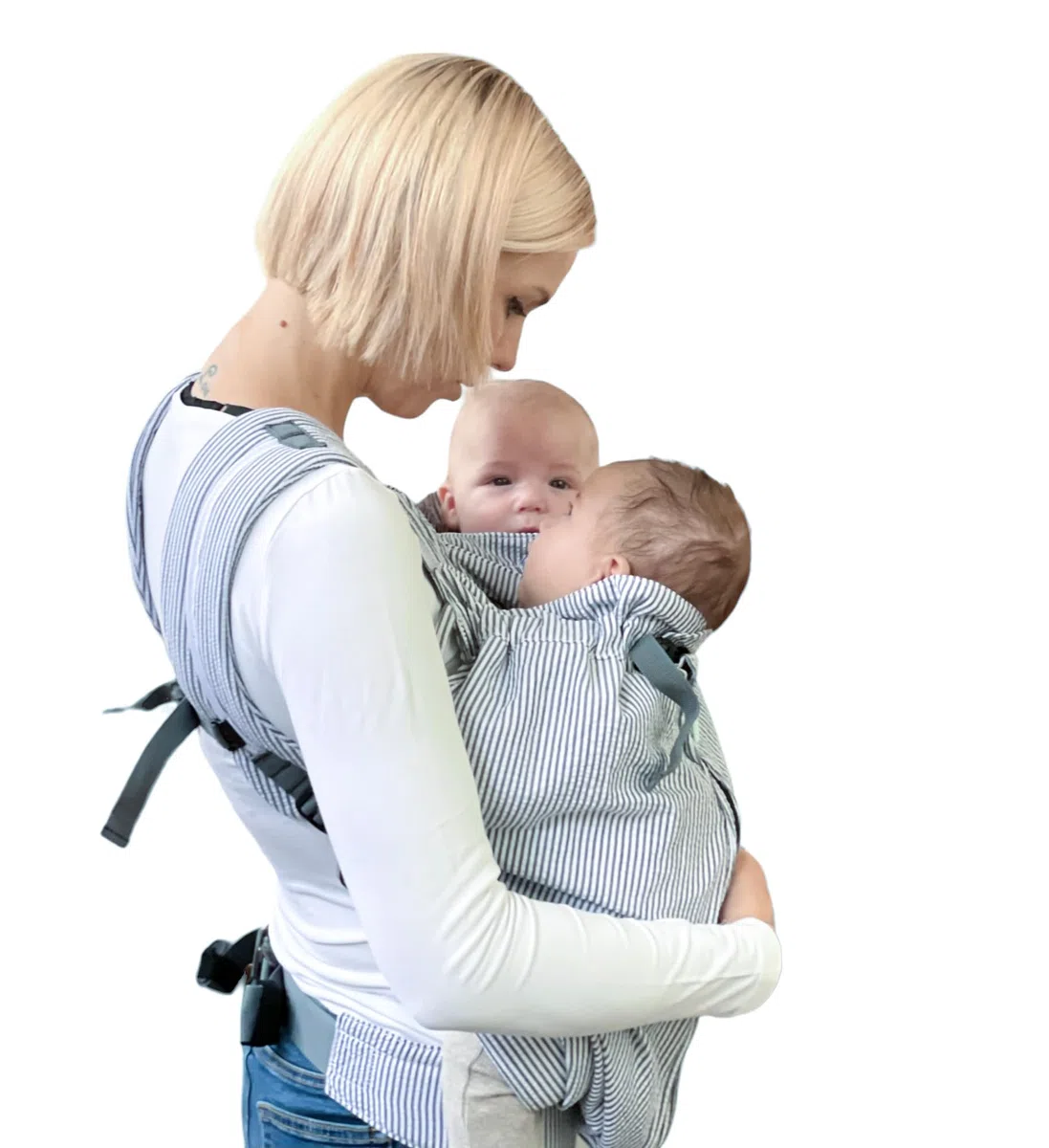Weego TWIN Original Babytrage für Zwillinge ab 1.800 Gramm ergonomisch OEKO-TEX 100 Grey & White Seersucker