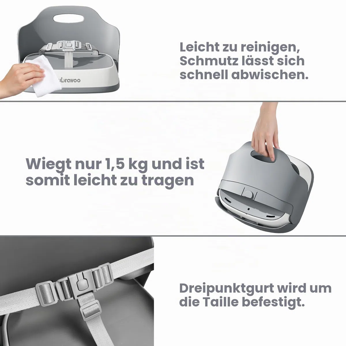 UBRAVOO Tragbarer Sitzerhöhung Kind zum Essen, Reisehochstuhl mit 3-Punkt-Gurt, waschbarer Baby-Essstuhl ab 6 Monaten (Grey)