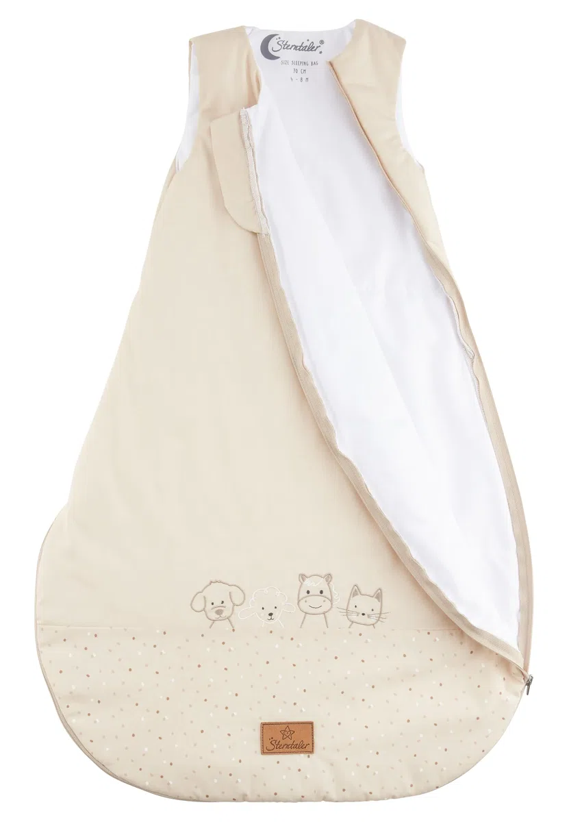 Sterntaler Schlafsack 80 cm Bauernhof - Kinder und Baby Schlafsack aus gemustertem Polycotton mit feuchtigkeitsregulierendem Futter, wattiert, seitliche Kabelöffnung, TOG 1,5 - beige
