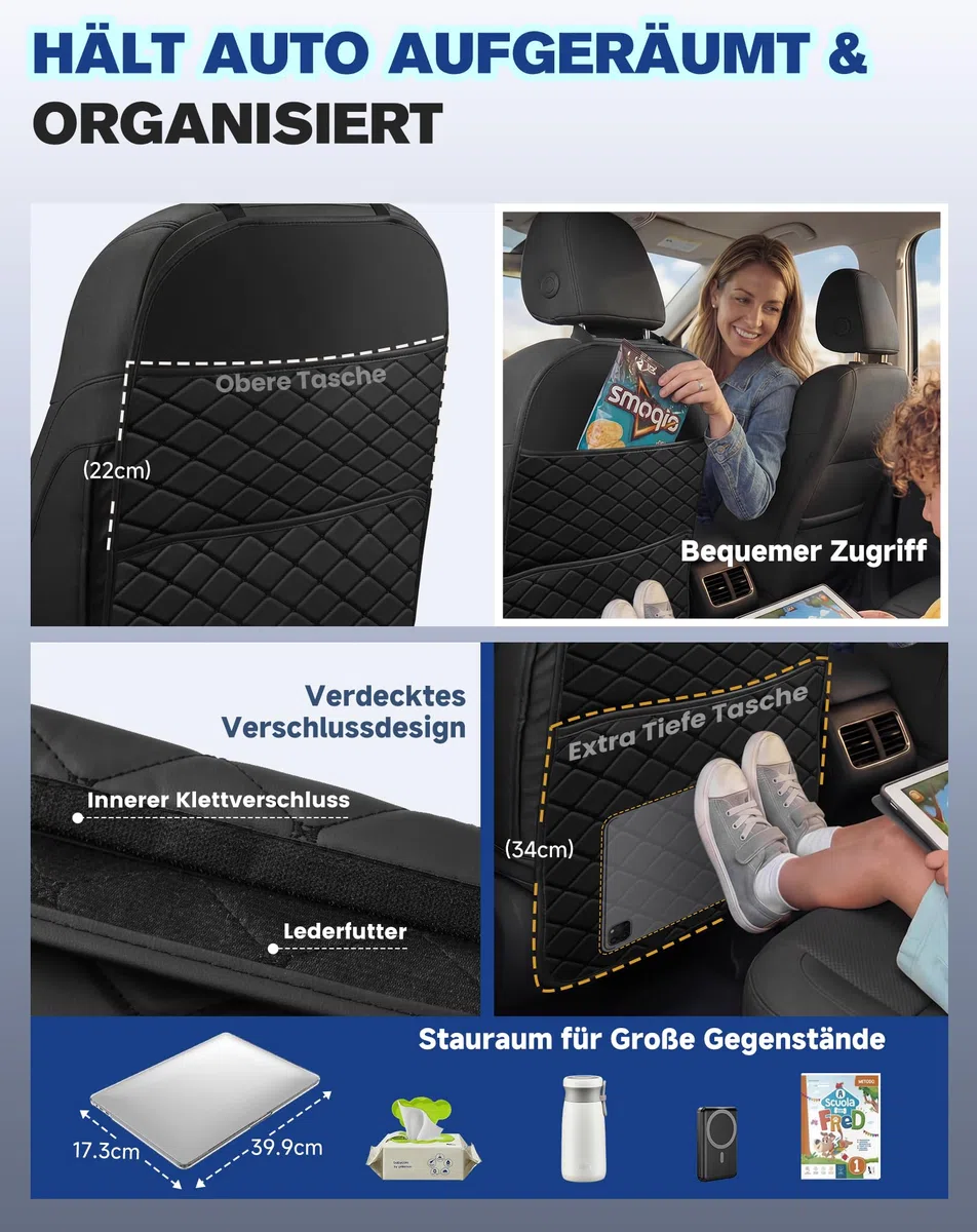 Autositzschutz für Kinder Rückenlehne mit Aufbewahrungstasche, Sitzschoner gegen Flecken, 2er-Pack Schwarz
