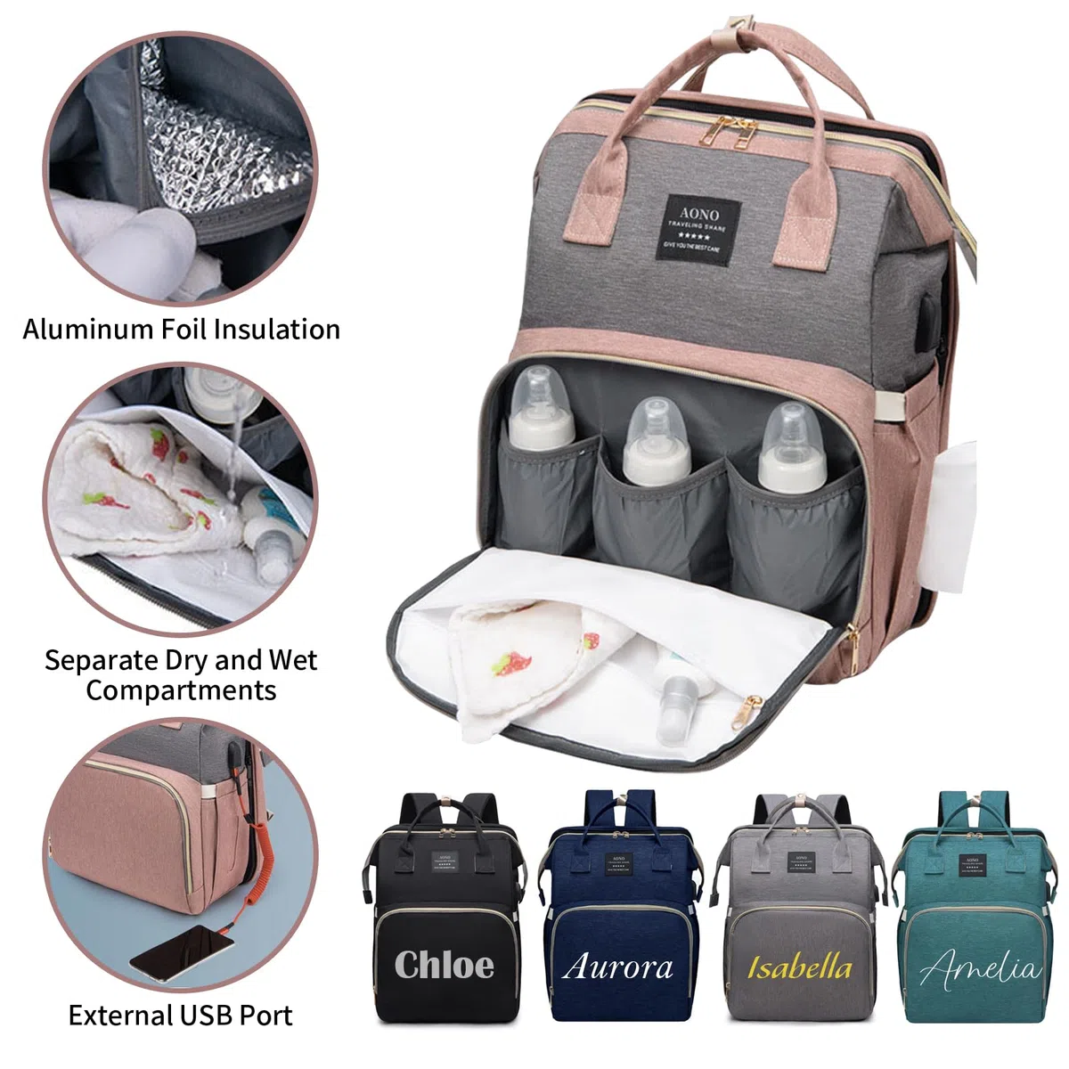 Personalisierte Wickelrucksäcke mit Wickelstation, großer Wickelrucksack mit Sonnenschutz und Spielzeugstange, Kinderwagenriemen und isolierten Flaschenfächern Babyparty-Suche, Geschenk zur Babyshower