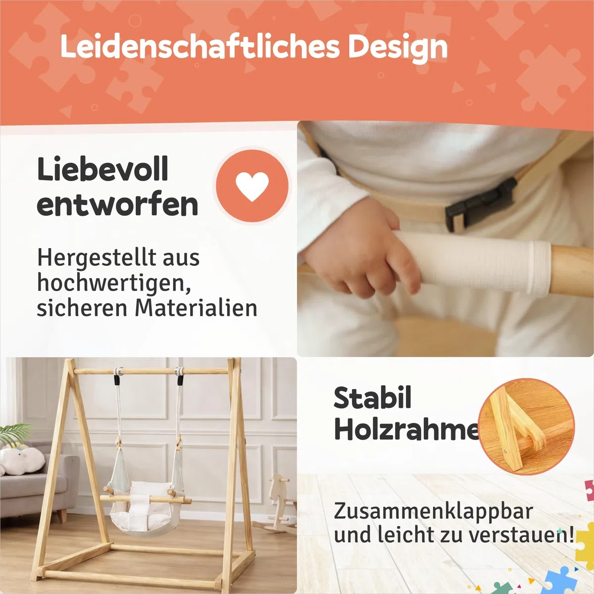 Holz Babyschaukel mit klappbarem Schaukelsitz, Babyschaukelstuhl & Baby Swing aus Kiefernholz, Holzspielzeug für Babys, Indoor & Outdoor Kinderschaukel für drinnen und draußen, sicherer Babysitz