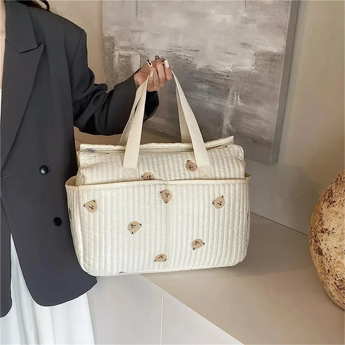Wickeltasche Kinderwagen Tragbare Mama-Tasche, Handtasche mit hohem Fassungsvermögen, bestickte Bären-Mutter- und Kinder-Handtasche, Kinder-Flaschenwindel, Kinder-Kinderwagen-Tasche(Floral)
