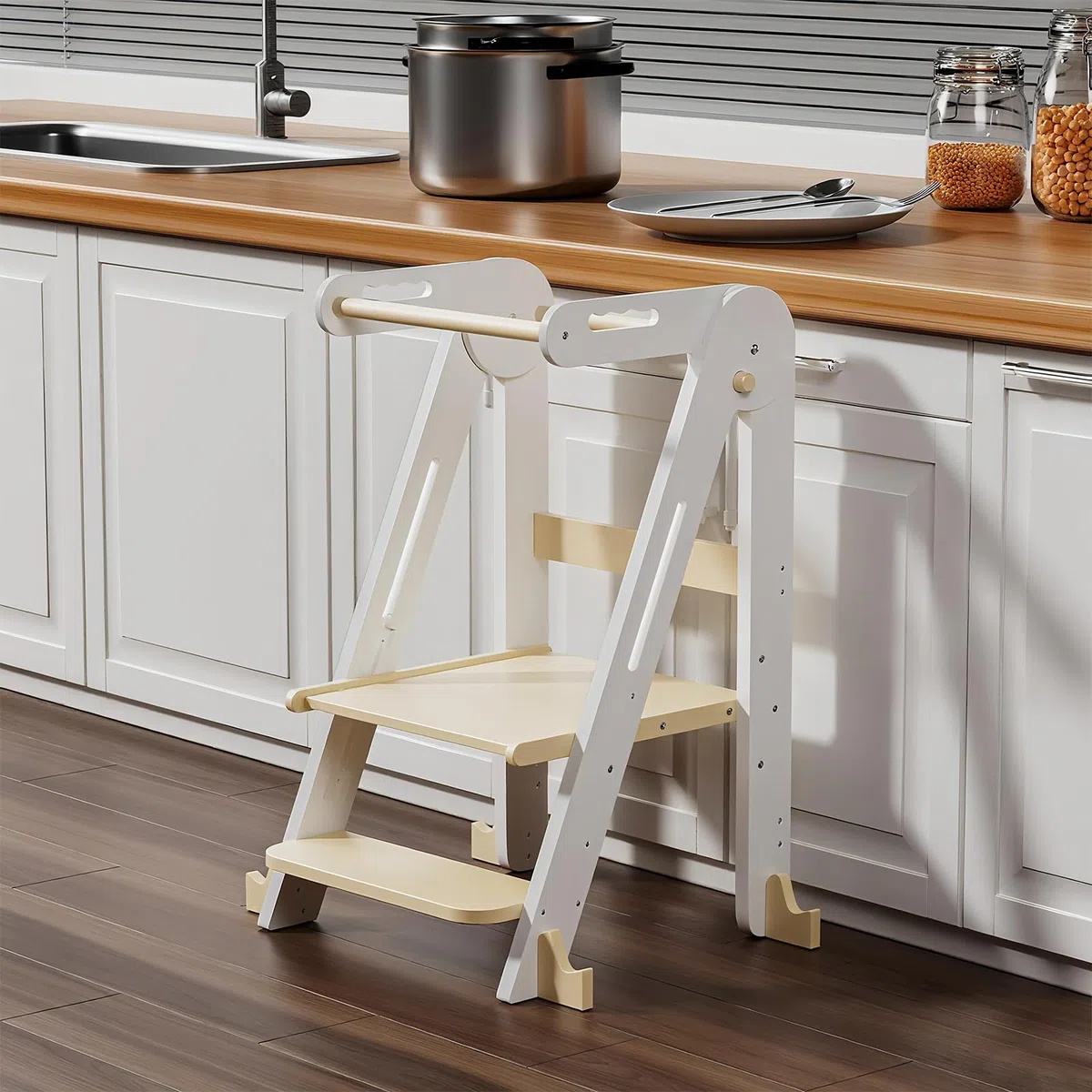 Klappbarer Toddler Tower Tritthocker Höhenverstellbar (Weiß) | Sicherer Kinderhocker ab 1,5 Jahren | Höhenverstellbar & faltbar für Bad & Wohnzimmer. Mit Rutschschutz