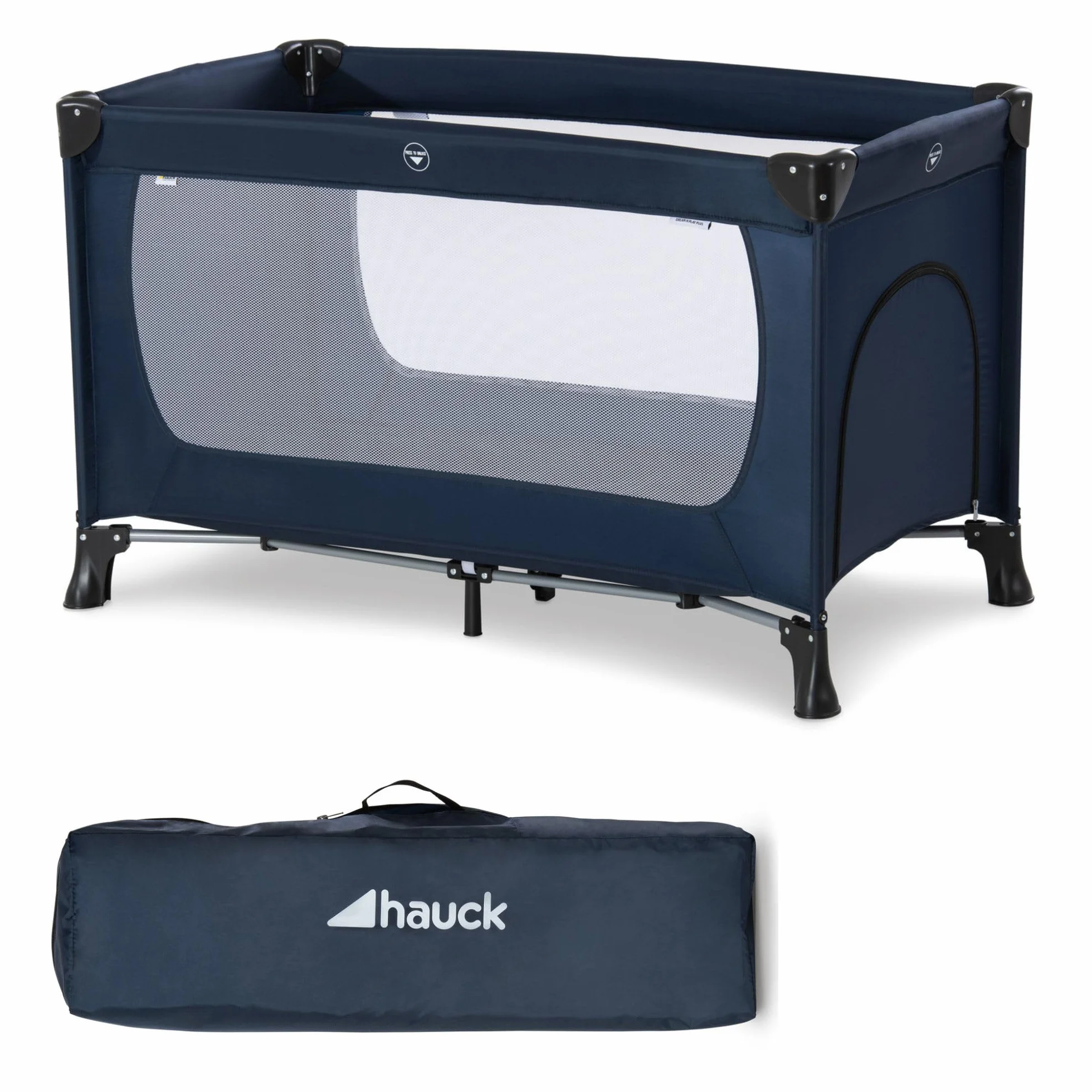 hauck Kinderreisebett Dream N Play Plus mit Transporttasche und Schlupf zum Spielen, Klein Zusammenklappbar, Baby Reisebett Kleinkind ab Geburt bis 15 kg (Navy/Aqua)