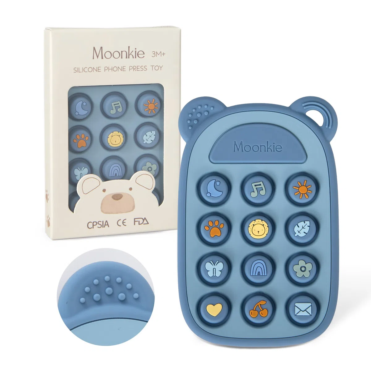 Moonkie Silikon Press Telefon Zahnen Puppe 3 Monate+| Weicher BPA-freier Beißring mit Ikone und Nummer Pop-Blasen | Ideales Geschenk für Jungen