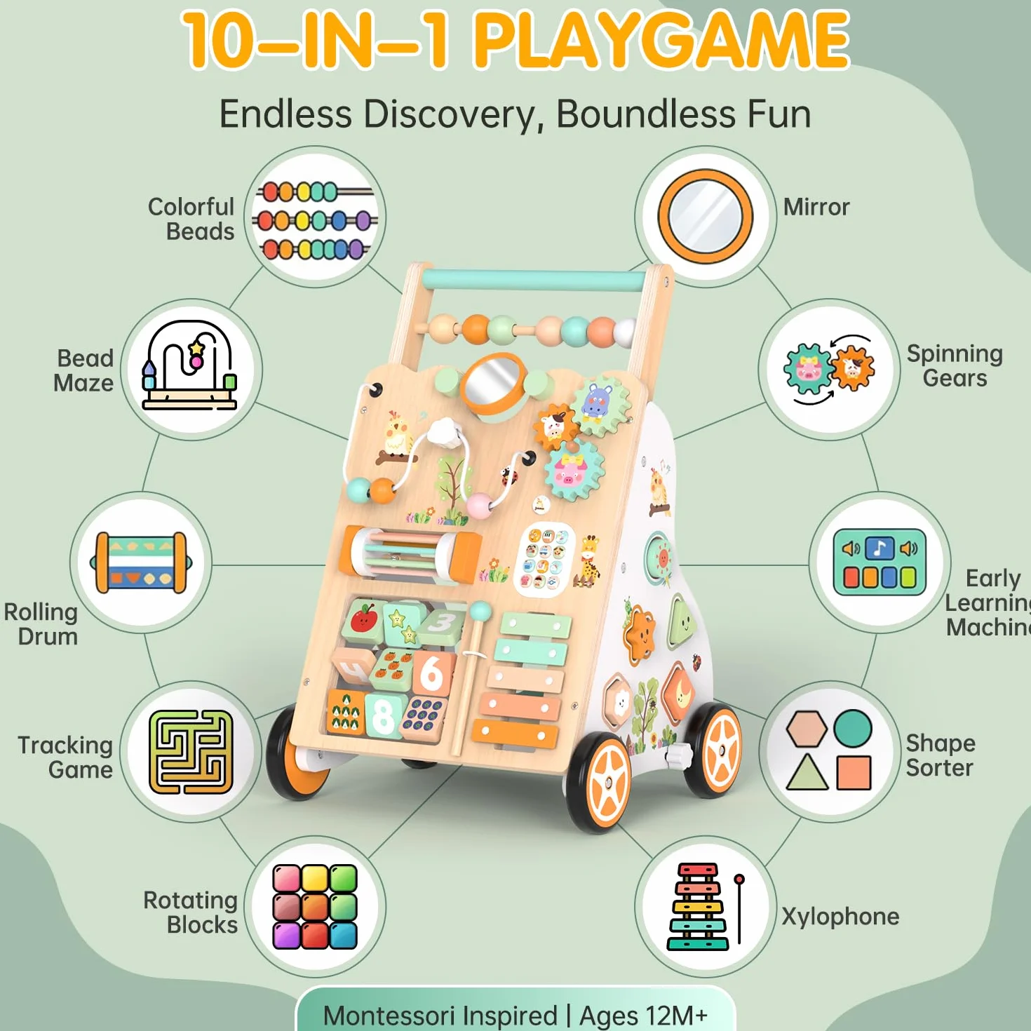 Weilim Baby Lauflernwagen Holz, Montessori Lauflernhilfe ab 12 Monaten | Sensorik-Spielzeug 10 Aktivitäten, Geschwindigkeit & Höhe verstellbar, Xylophon Labyrinth Perlen Spiegel, Jungen & Mädchen