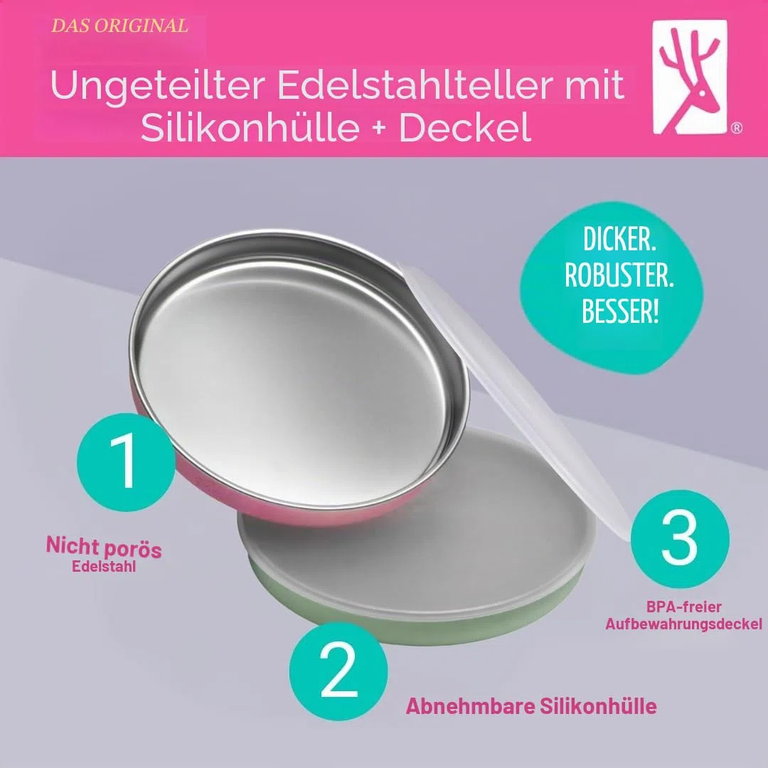 Elk and Friends Kinder 20 cm Edelstahl Teller ohne Unterteilung mit Silikonhülle | Deckel inklusive | Für Babys & Kleinkinder | Spülmaschinenfest | Rutschfest | Ess- & Snackteller | 4er Set