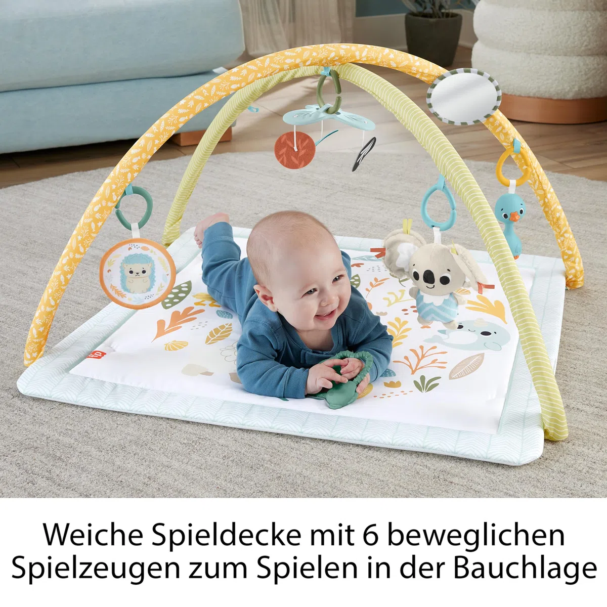 Fisher-Price Simply Senses Spielmatte für Neugeborene | Waschbare Baby-Spielmatte und 6 Aktivitäts-Spielzeuge, Mobile, Sinnesförderung und Motorik, ab 0 Monaten, JMN74