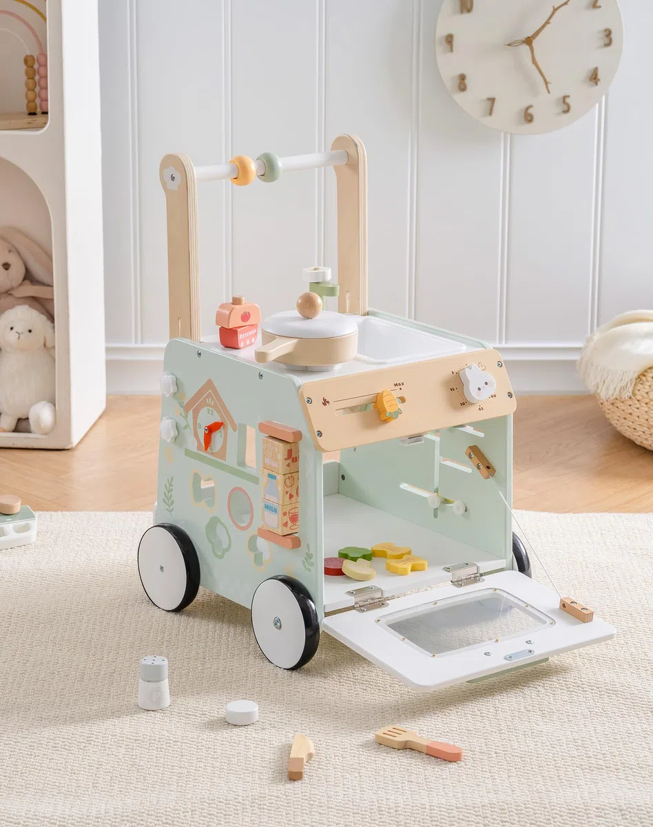 ROBOTIME Holz Lauflernwagen mit Spielküche, 2-in-1 Baby Walker & Aktivitätscenter, höhenverstellbar, mit Bremse, Motorikspielzeug für Kleinkinder ab 10-36 Monaten