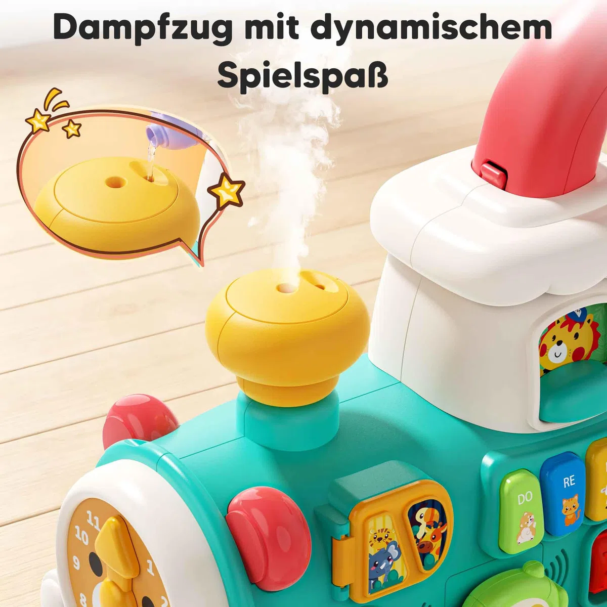 5in1 multifunktionaler Lauflernwagen ab 6 Monaten, Baby Walker Zug mit Aktivitätszentrum, Musik und Sprühfunktion, interaktive Lauflernhilfe, Schiebespielzeug, Motorik- und Lernspielzeug
