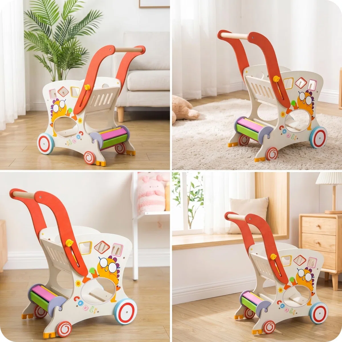 Colcolo Kinder Lauflernwagen Laufhilfe Babywagen Spielwagen Holz Kinderwagen mit Stabilem Rahmen Und Schiebekorb Fördert Frühes Gehen Und Fantasiespiele für Kleinkinder Drinnen Spielzimmer Geschenk