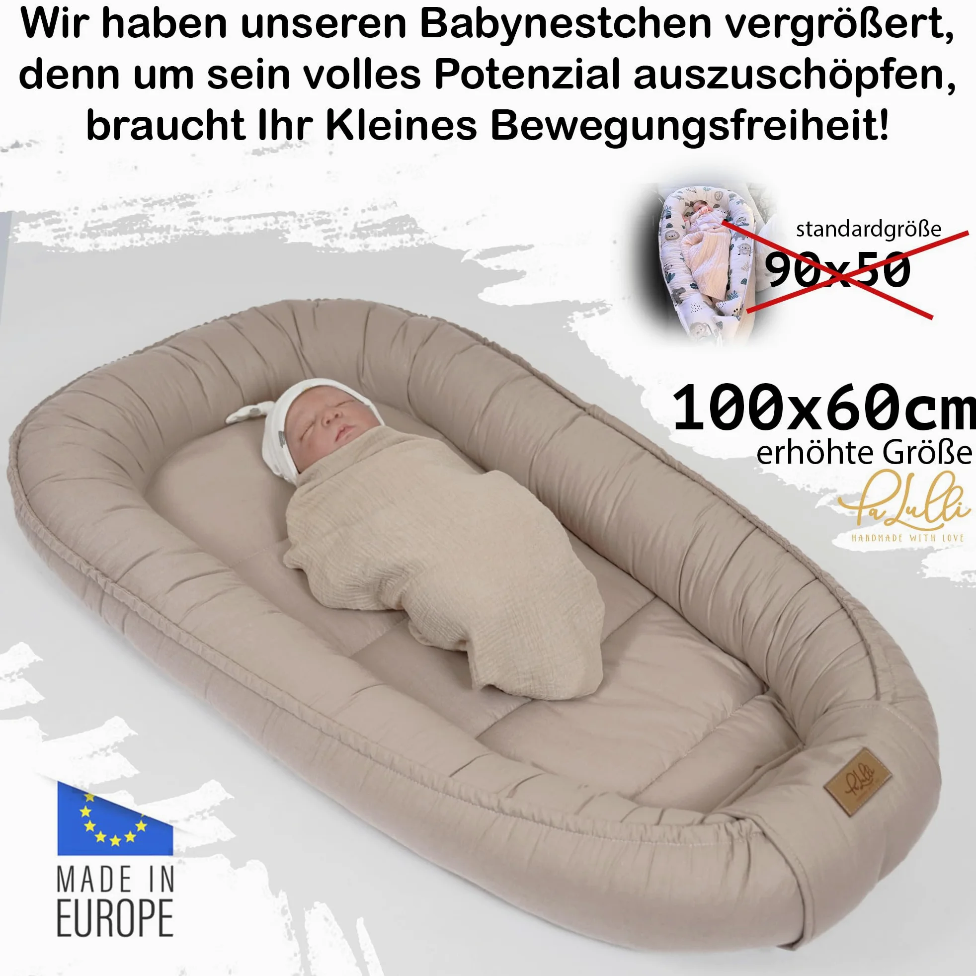 PaLulli® Extra Großes Babynest 100x60 cm | Set mit herausnehmbarer Einlage Baumwolle | Beidseitig nutzbares Kuschelnest für Babys | Handgefertigt, Atmungsaktiv & Sicher (Braun)